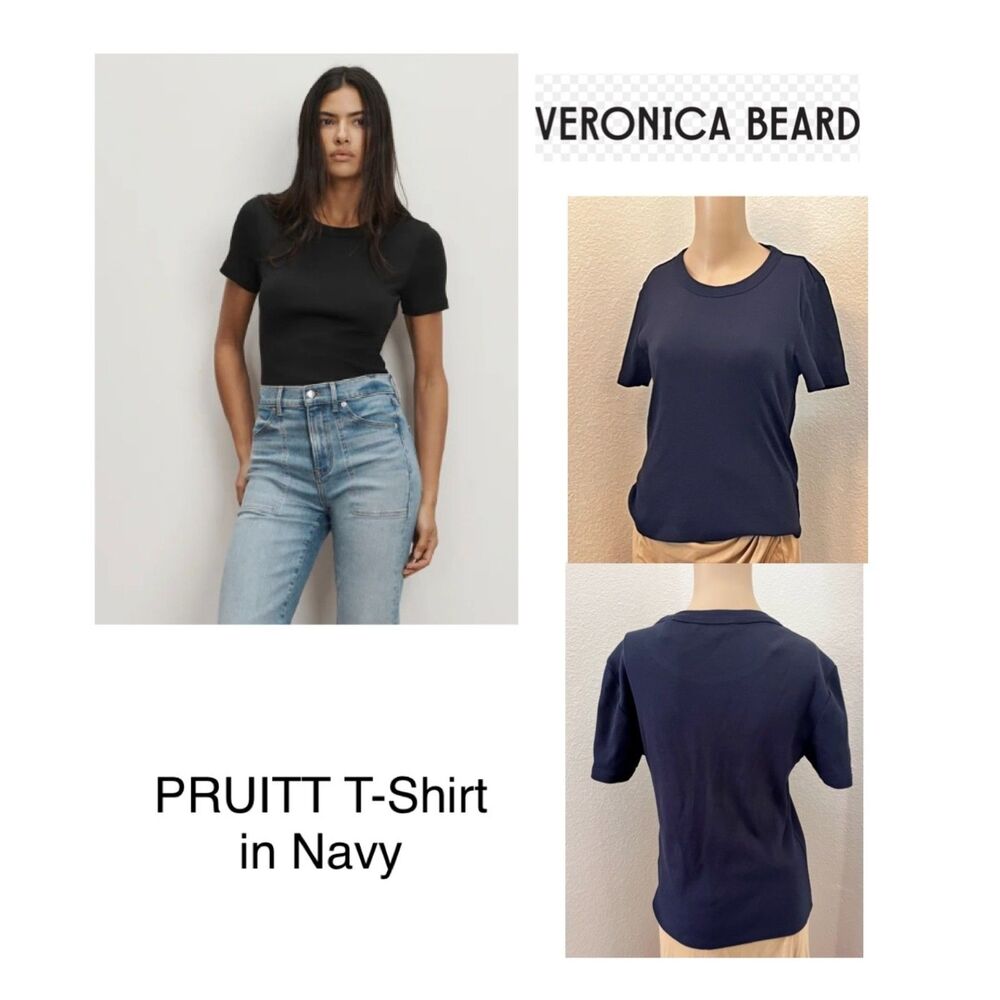 NWOT SZ L VERONICA BEARD PRUITT Navy Ribbed Stretch Short Sleeve T-Shirt